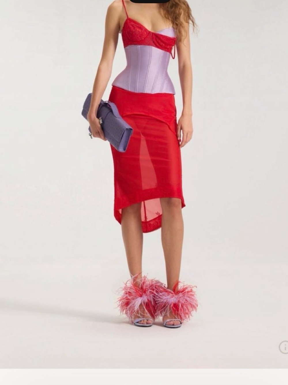 Red Sheer Asymmetric Midi Dress with Corset Detail